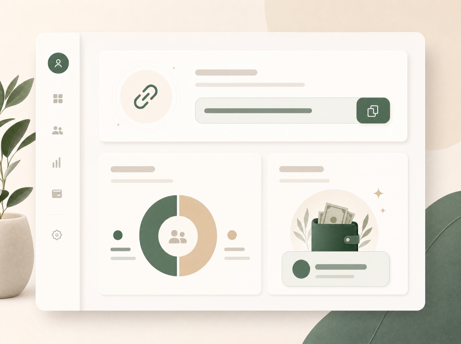 A referral link, revenue-share split, and payout