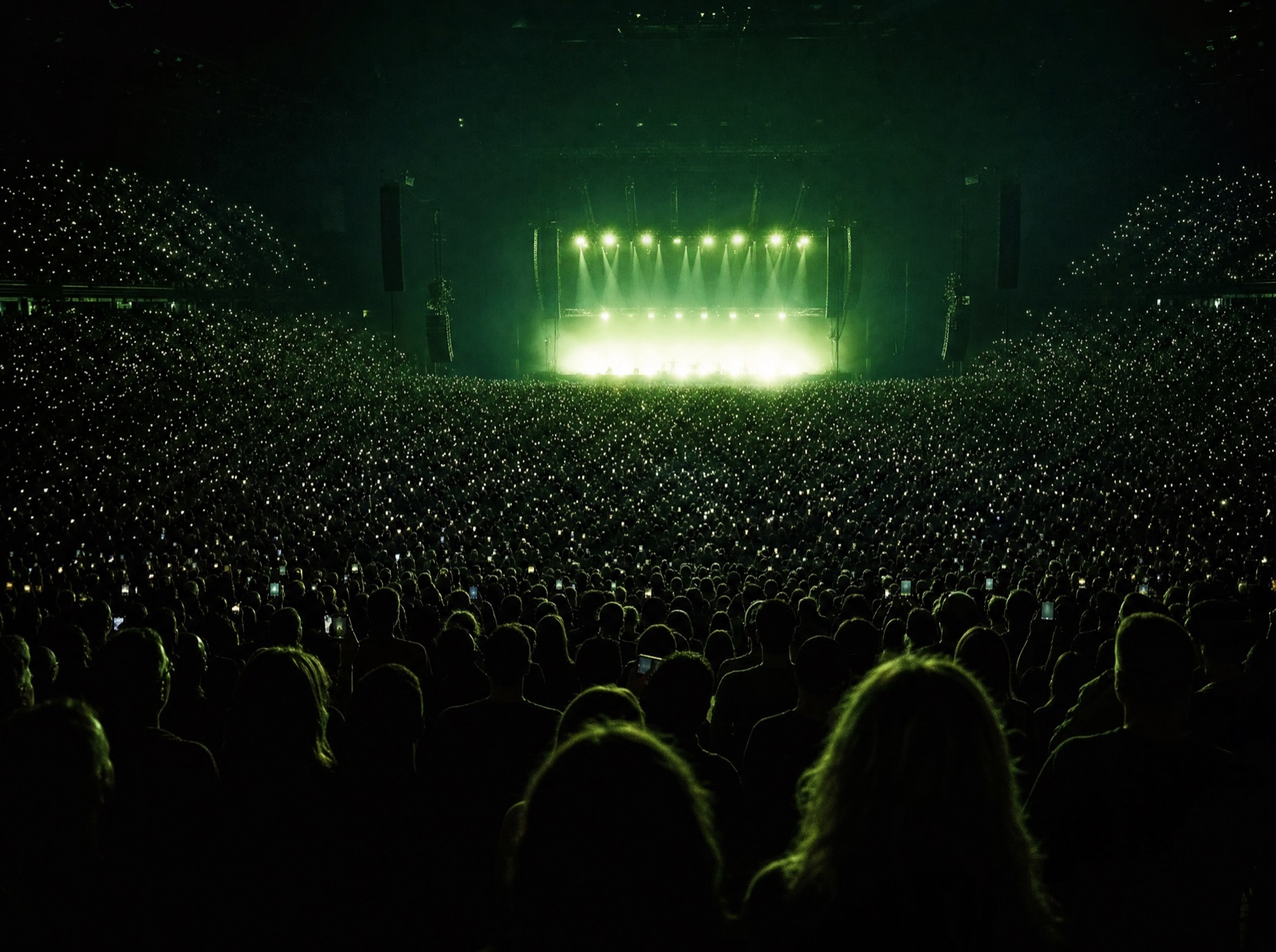 A vast crowd facing a glowing stage