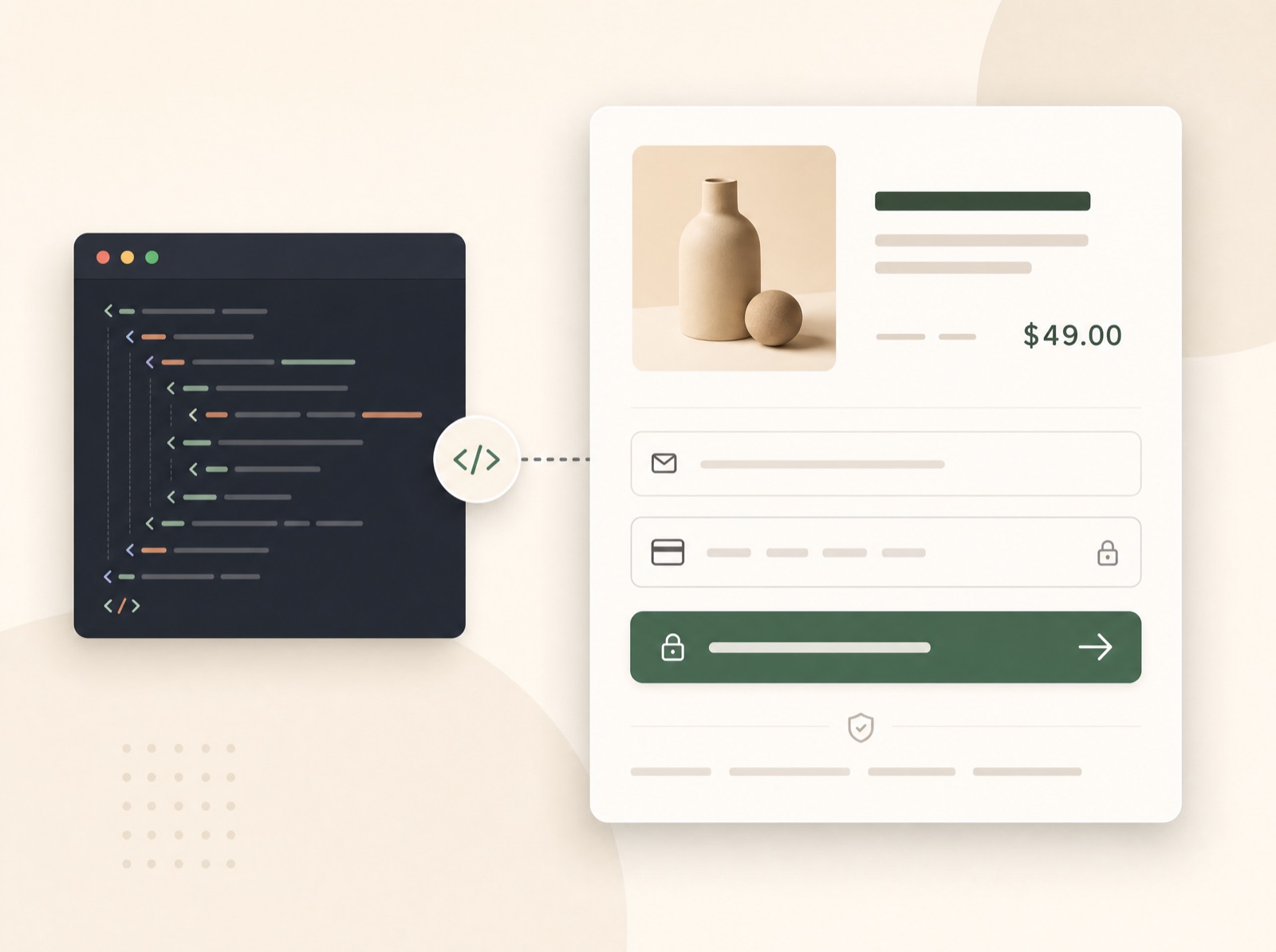 An embed code snippet beside a live checkout widget